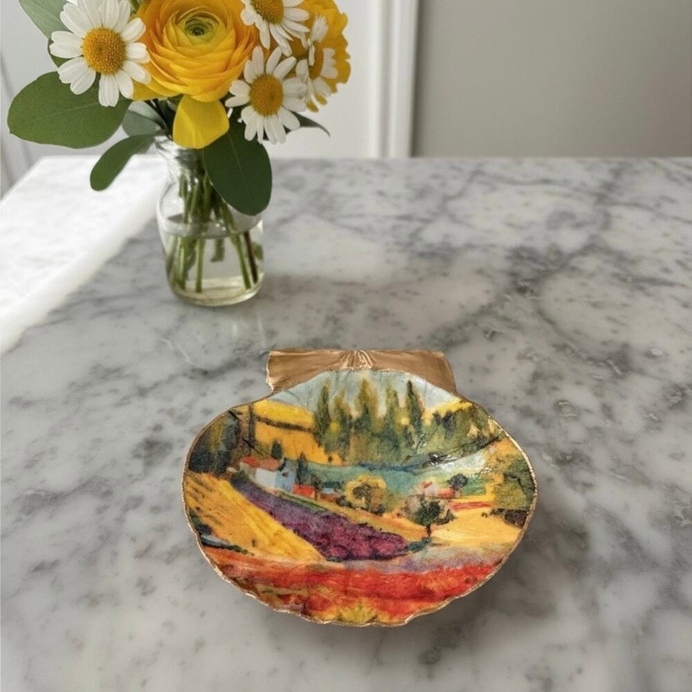 Impressionist Landscape Shell Trinket Dish, Unique Art Gift